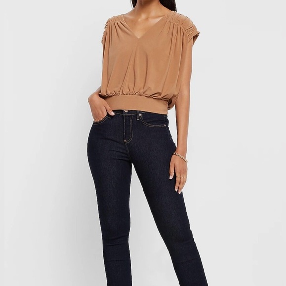 Express Tops - NEW Express Tan Smocked Blouse NWT Matte Jersey Ruched Banded Cropped Top